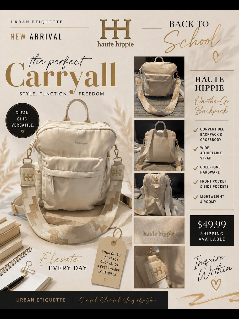 Haute Hippie Cream Convertible Carryall Backpack Crossbody